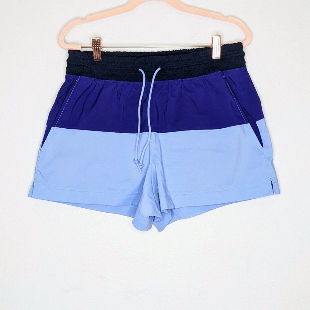 Athleta Blue Oahu Colorblock Shorts Drawstring Waist Back Zip Pocket Size 8